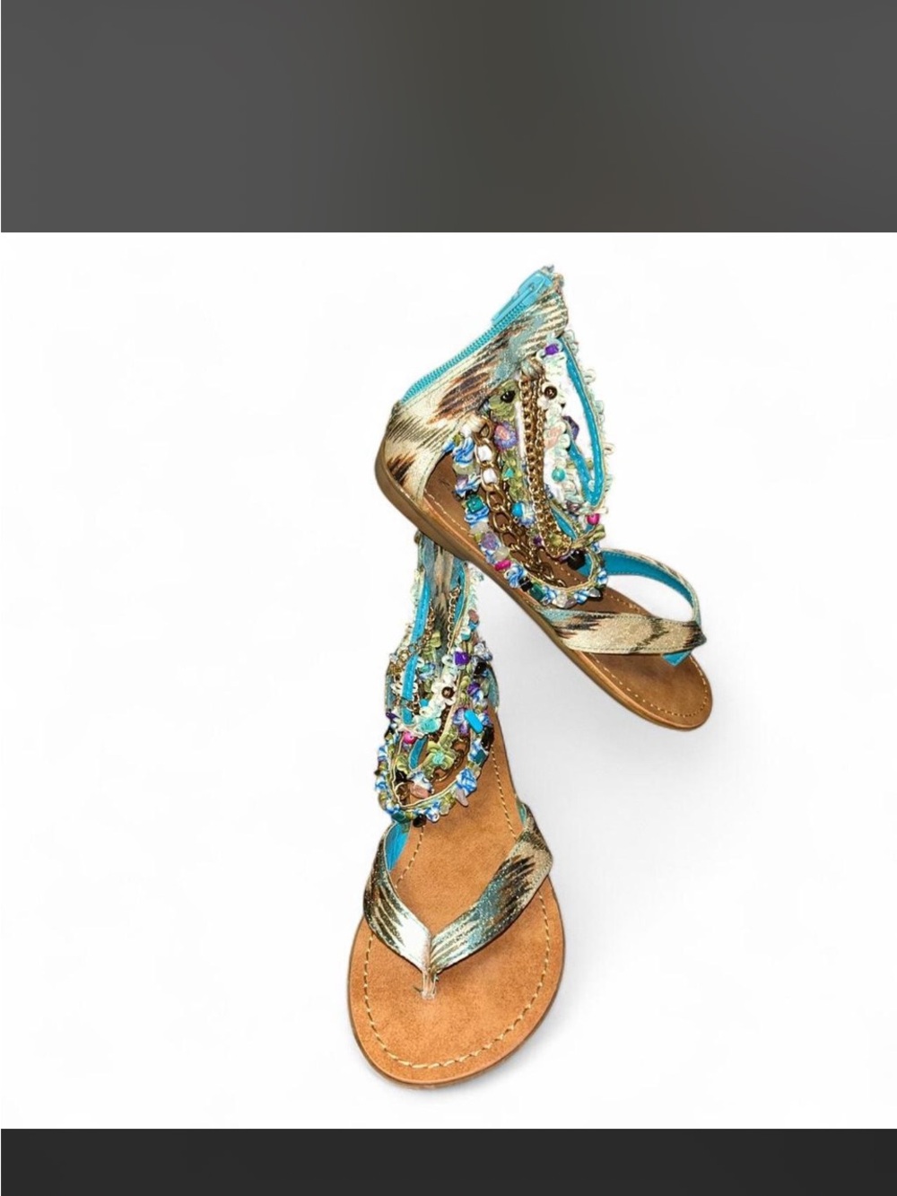 Penny Loves Kenny Metallic Gold & Turquoise Beaded Gladiator Sandals - Women